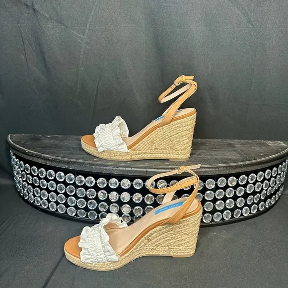 NWT Draper James White and Tan Wedge Sandals with Ruffle Detail