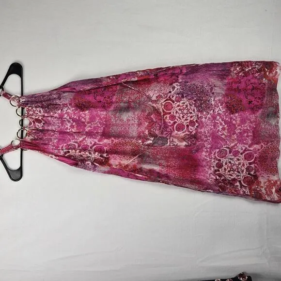 NWT Elie Tahari Vibrant Pink Floral Halter Dress Gold Accent Courtney Size XS