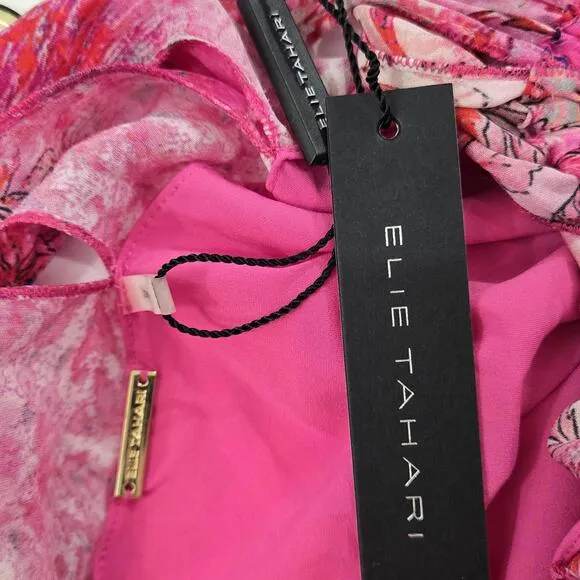 NWT Elie Tahari Vibrant Pink Floral Halter Dress Gold Accent Courtney Size XS