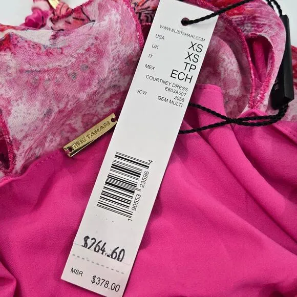 NWT Elie Tahari Vibrant Pink Floral Halter Dress Gold Accent Courtney Size XS