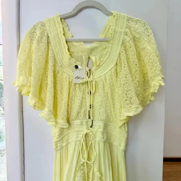 NWT Free People Dancing On Air Maxi Dress Summer Lace Flowy Boho Yellow