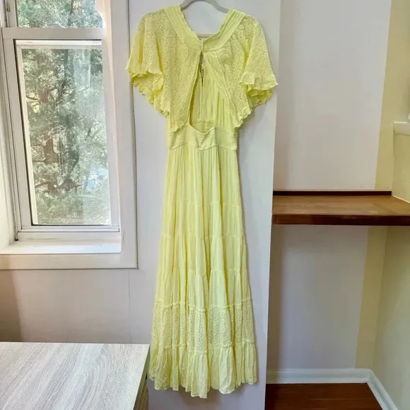 NWT Free People Dancing On Air Maxi Dress Summer Lace Flowy Boho Yellow