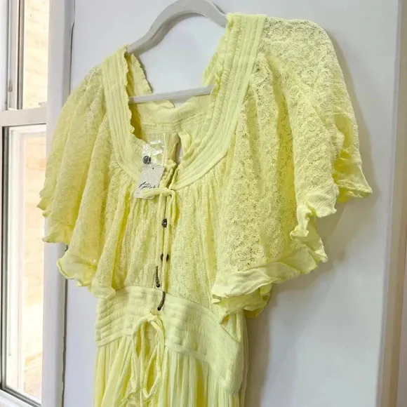 NWT Free People Dancing On Air Maxi Dress Summer Lace Flowy Boho Yellow