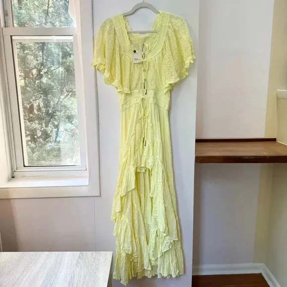 NWT Free People Dancing On Air Maxi Dress Summer Lace Flowy Boho Yellow