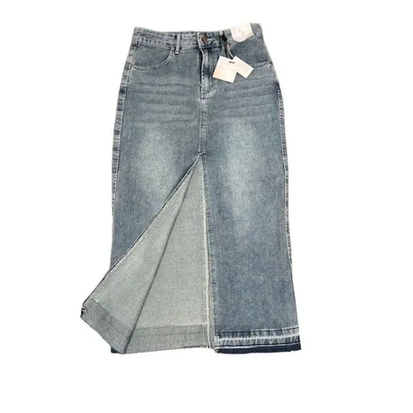NWT Happily Grey Blue Jean Denim Skirt With Front Slit Women's Long 3 ( size 25)