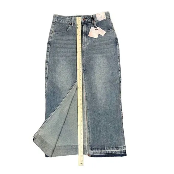 NWT Happily Grey Blue Jean Denim Skirt With Front Slit Women's Long 3 ( size 25)
