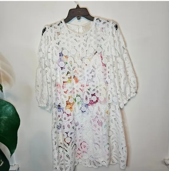 NWT Johnny Was Jade White Women's Lisetta Lace Mini Dress Size Medium