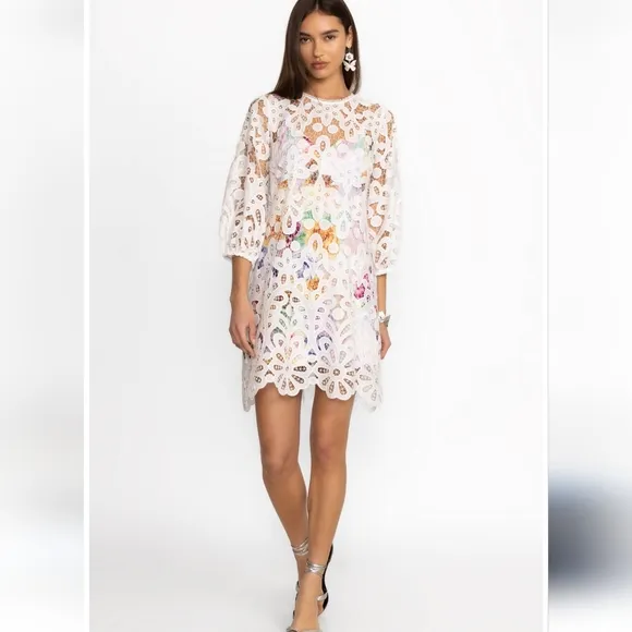 NWT Johnny Was Jade White Women's Lisetta Lace Mini Dress Size Medium