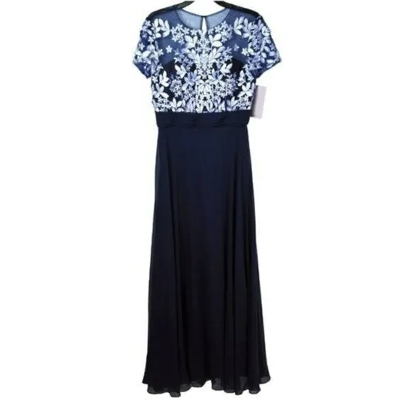 NWT JS COLLECTIONS Floral Embroidered Lace Illusion Neck Gown Maxi Dress