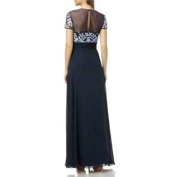 NWT JS COLLECTIONS Floral Embroidered Lace Illusion Neck Gown Maxi Dress
