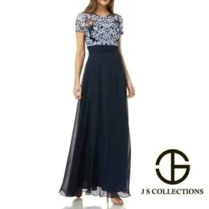 NWT JS COLLECTIONS Floral Embroidered Lace Illusion Neck Gown Maxi Dress