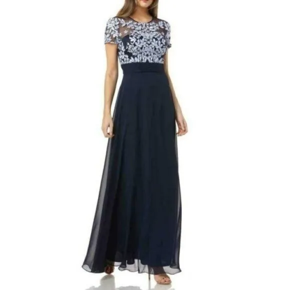 NWT JS COLLECTIONS Floral Embroidered Lace Illusion Neck Gown Maxi Dress