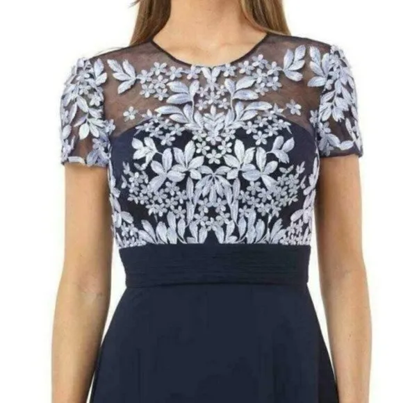 NWT JS COLLECTIONS Floral Embroidered Lace Illusion Neck Gown Maxi Dress