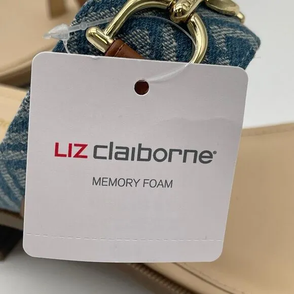 NWT LIZ CLAIBORNE Sandals Women's Size 10 Tan Blue Argent Flat One Toe Flip Flop