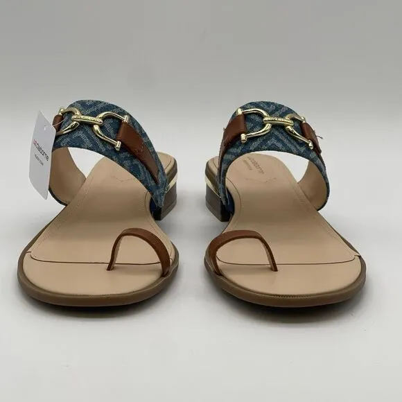 NWT LIZ CLAIBORNE Sandals Women's Size 10 Tan Blue Argent Flat One Toe Flip Flop