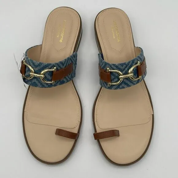 NWT LIZ CLAIBORNE Sandals Women's Size 10 Tan Blue Argent Flat One Toe Flip Flop