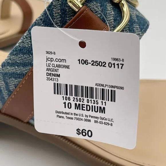 NWT LIZ CLAIBORNE Sandals Women's Size 10 Tan Blue Argent Flat One Toe Flip Flop