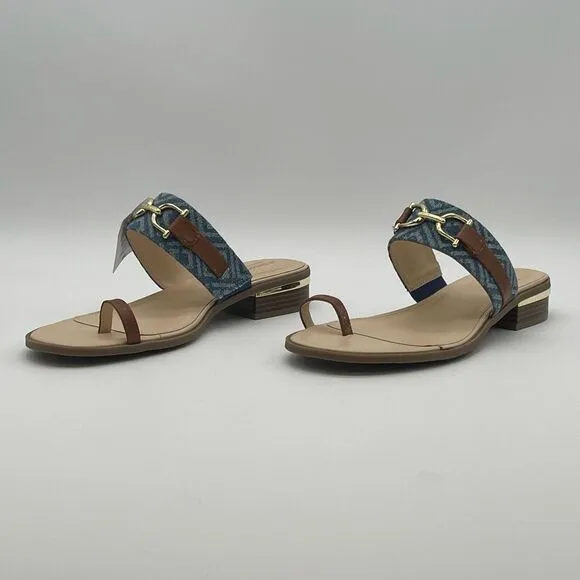 NWT LIZ CLAIBORNE Sandals Women's Size 10 Tan Blue Argent Flat One Toe Flip Flop