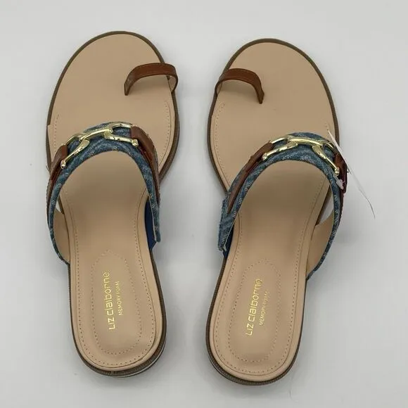 NWT LIZ CLAIBORNE Sandals Women's Size 10 Tan Blue Argent Flat One Toe Flip Flop