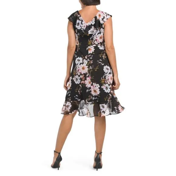 NWT London Times Women's Floral Print Ruffle Trim Wrap Mini Dress
