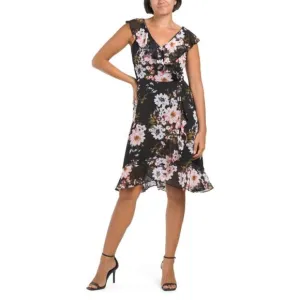 NWT London Times Women's Floral Print Ruffle Trim Wrap Mini Dress