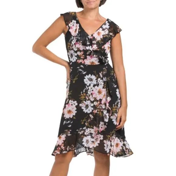 NWT London Times Women's Floral Print Ruffle Trim Wrap Mini Dress