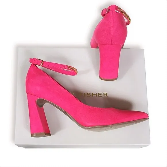 NWT Marc Fisher Ankle Chain Buckle Faux Suede Block High Heels