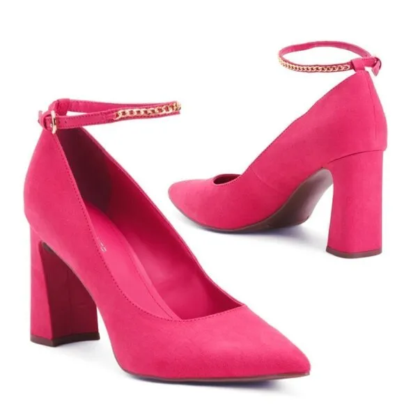 NWT Marc Fisher Ankle Chain Buckle Faux Suede Block High Heels