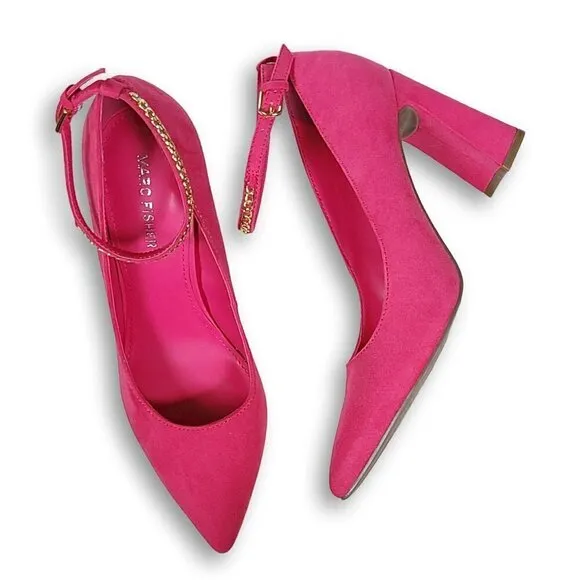 NWT Marc Fisher Ankle Chain Buckle Faux Suede Block High Heels
