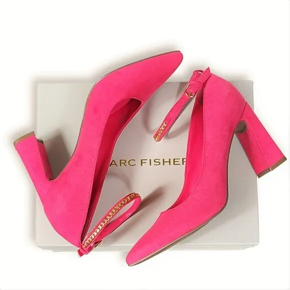 NWT Marc Fisher Ankle Chain Buckle Faux Suede Block High Heels