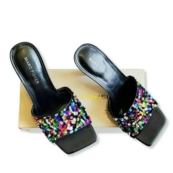 NWT MARC FISHER Women's Danria Sequin Stiletto Heel Sandals Dress Slip-on Heels