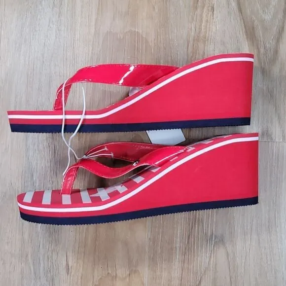 🔹️NWT Nautica Red &amp; White Stripe Resort Wedge &quot;Landfall&quot; Sandals Size 8
