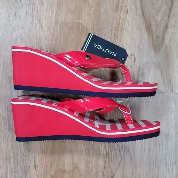 🔹️NWT Nautica Red &amp; White Stripe Resort Wedge &quot;Landfall&quot; Sandals Size 8