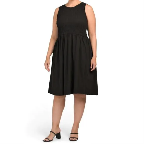 NWT T Tahari Women's Plus Sleeveless Smocked Cotton Midi Dress
