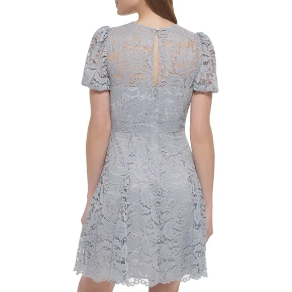 NWT Vince Camuto Lace Short Puff Sleeve Fit-And-Flare Dress in Gray
