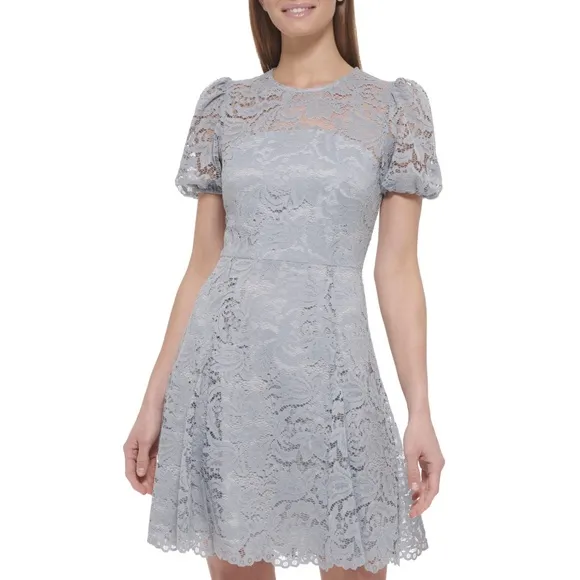 NWT Vince Camuto Lace Short Puff Sleeve Fit-And-Flare Dress in Gray