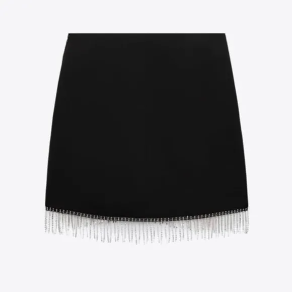 NWT Zara black mini skirt with silver rhinestone fringe detail