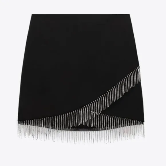 NWT Zara black mini skirt with silver rhinestone fringe detail