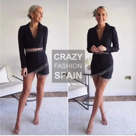 NWT Zara black mini skirt with silver rhinestone fringe detail