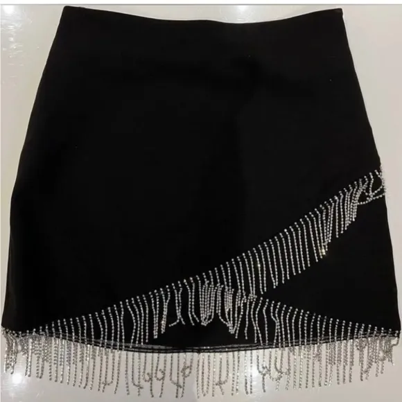NWT Zara black mini skirt with silver rhinestone fringe detail