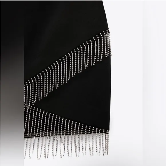 NWT Zara black mini skirt with silver rhinestone fringe detail