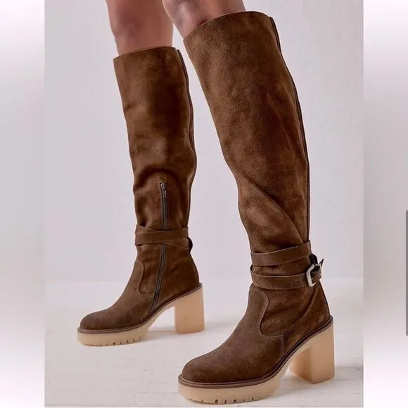 NWT Free People Suede James Chelsea Knee High Tall Brown Boots Size 38 US 8