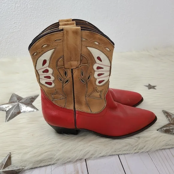 Oak Tree Farms western boots red tan butterfly ankle booties pointed size 6