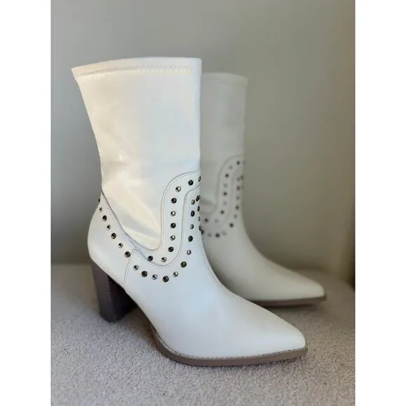 Oasis Society Womens Paris Studded Heeled Boots White Western Size 8‎