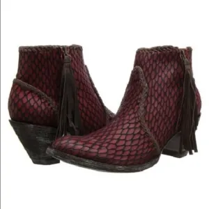 Old Gringo Burgundy Ankle Boots with Textured Leather and Fringe