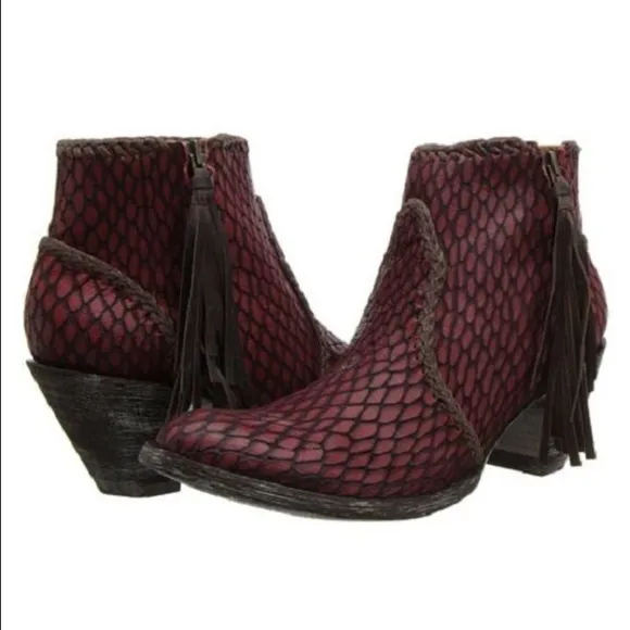 Old Gringo Burgundy Ankle Boots with Textured Leather and Fringe