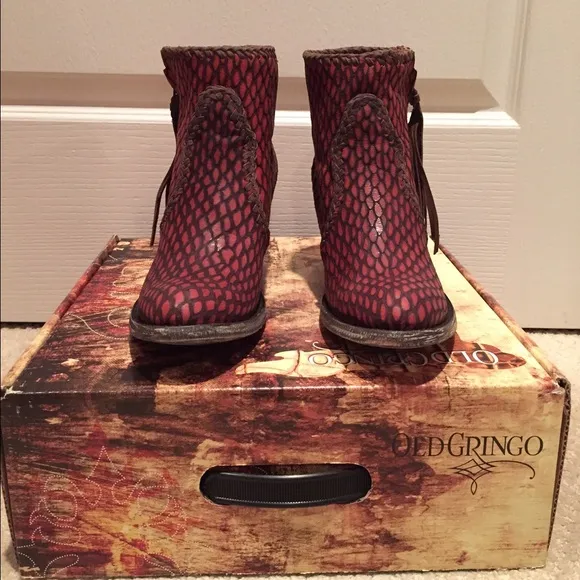 Old Gringo Burgundy Ankle Boots with Textured Leather and Fringe