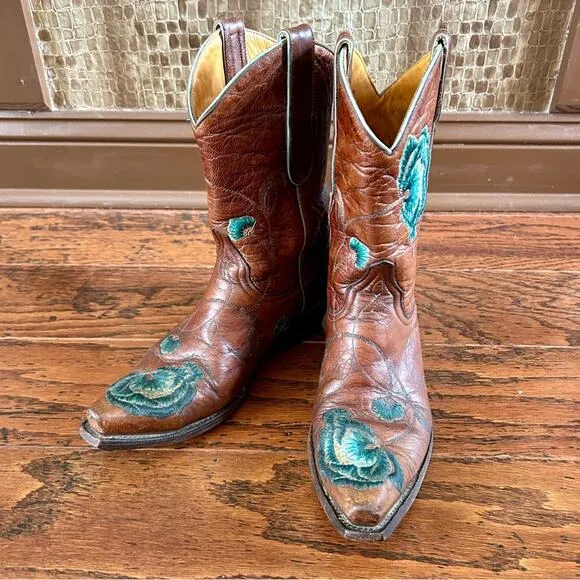 Old Gringo Short Marsha Pull-on Boots in Brown with Blue Embroidery Size 7