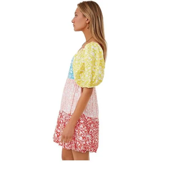 Oliphant NEW Bubble Skirt Puff Sleeve Mini Dress‎ in Canary Multi Women's Size M