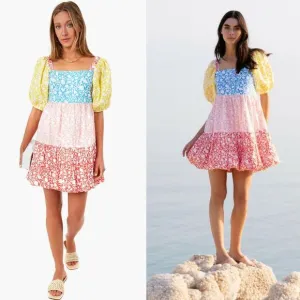 Oliphant NEW Bubble Skirt Puff Sleeve Mini Dress‎ in Canary Multi Women's Size M